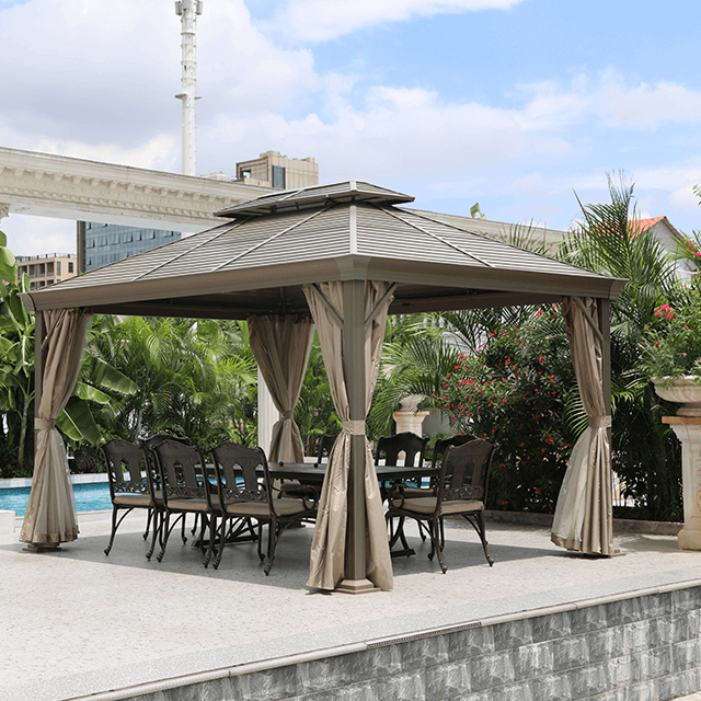 Gazebo de aluminio para patio con cortina y red